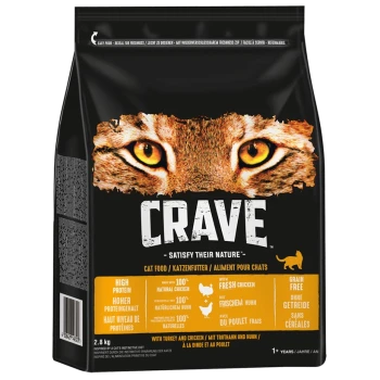 Schwarze Tüte mit Crave Katzenfutter, die ein Nahaufnahme eines Katzenkopfes zeigt, beschriftet mit "Hoher Proteingehalt", "Getreidefrei" und "Befriedige ihre Natur."