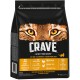 Schwarze Tüte mit Crave Katzenfutter, die ein Nahaufnahme eines Katzenkopfes zeigt, beschriftet mit "Hoher Proteingehalt", "Getreidefrei" und "Befriedige ihre Natur."