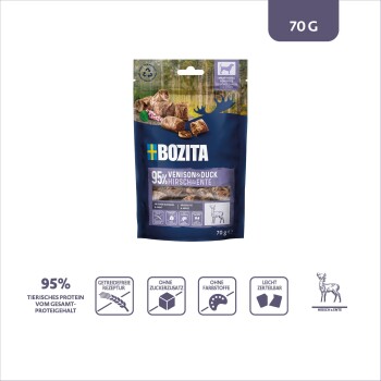 Bozita dunkelblauer Snackbeutel für Hunde mit Aufschrift '95% Venison & Duck (Hirsch & Ente)', Bildern fleischiger Bissen und sichtbarer Angabe '70 g'.