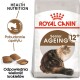 Torba z jedzeniem dla kotów Royal Canin Senior Ageing 12+ z ilustracją puszystego kota, z tekstem podkreślającym stymulację apetytu i rozmiar krokietów.