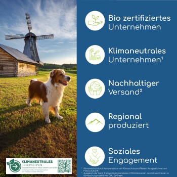 Flaschen mit Bio-Tierölen, Gläser mit funktionellen Tier-Snacks und Bilder von Tiergesundheit, funktionellen Pasten und Pflegeprodukten von Wolfsbacher Natur.