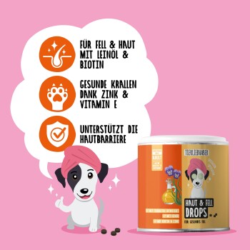 Haut & Fell Drops Haustier Ergänzungsfuttermittel Dose mit deutschem Text: "Für glänzendes Fell," "Für kräftige Krallen," "Unterstützen das Immunsystem."