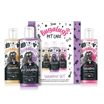 Bugalugs Pet Care Shampooset mit Hafer, Lavendel & Kamille 4-in-1 und Baby Fresh Shampoos, je 250 ml.