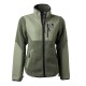 Olivengrüne Hundejacke mit Fleece-Struktur, mit einem Reißverschluss vorne, zwei Seitentaschen und einem Logo-Patch, das 'DOG COACH' liest.