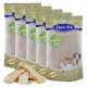 Fünf Tüten Lyra Pet natürliche Haustierleckereien, mit einem beige-grünen Design und einem Haufen Leckereien davor.