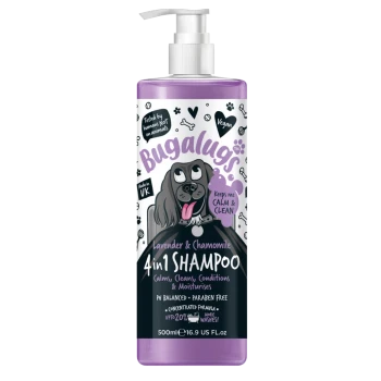 Flasche mit Bugalugs Lavendel & Kamille 4-in-1 Shampoo für Hunde, mit einem Cartoon-Hund, veganem Etikett und beruhigenden Eigenschaften.