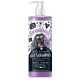 Flasche mit Bugalugs Lavendel & Kamille 4-in-1 Shampoo für Hunde, mit einem Cartoon-Hund, veganem Etikett und beruhigenden Eigenschaften.