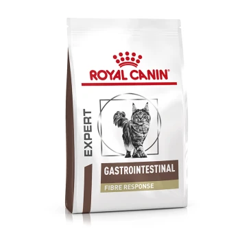 Sac de nourriture pour chats Royal Canin Gastrointestinal Fibre Response avec une image de chat noir et blanc, étiqueté "EXPERT" et "GASTROINTESTINAL."