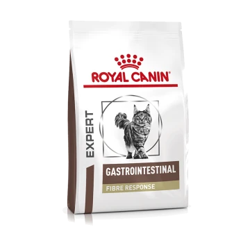 Royal Canin Gastrointestinal Fibre Response kattenvoerzak met een afbeelding van een zwart-witte kat, gelabeld 'EXPERT' en 'GASTROINTESTINAL.'