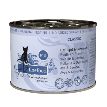 Een blik 'Catz Finefood Classic No. 17' kattenvoer, met een katten silhouet, bevat gevogelte, garnalen, is graanvrij en diervriendelijk.