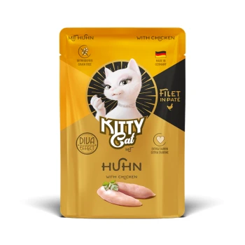 Kitty Cat getreidefreies Hähnchenfilet in Pasteten-Katzenfutterbeutel, hergestellt in Deutschland, mit extra Taurin und Diva-Effekt.