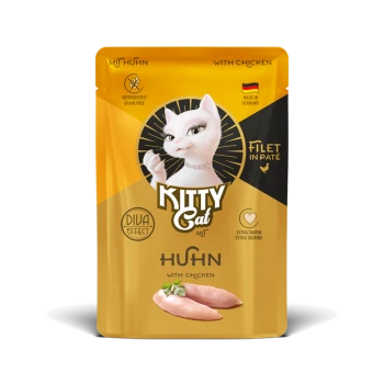 Kitty Cat getreidefreies Hähnchenfilet in Pasteten-Katzenfutterbeutel, hergestellt in Deutschland, mit extra Taurin und Diva-Effekt.