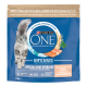 Sac bleu Purina ONE pour chat présentant un chat gris à poil long, BIFENSIS, « Spécial Chat Stérilisé », image de truite, 1,5 kg.
