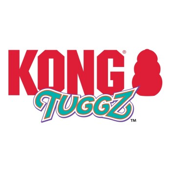 Logo KONG TUGGZ — wyraźny czerwony napis „KONG” z czerwonym zarysem zabawki KONG oraz turkusowo-pomarańczowym napisem „TUGGZ”