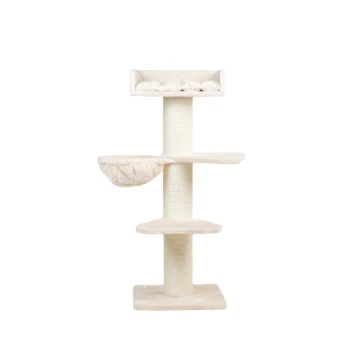 Ein hoher, beiger Katzenbaum mit drei Plattformen und einer gemütlichen Hängematte, entworfen für das Spielen und Entspannen von Katzen.