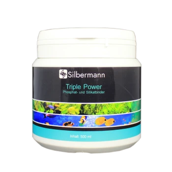 Silbermann Triple Power Behälter, 500 ml, mit einem schwarzen Etikett mit bunten aquatischen Bildern und dem Text 'Phosphat- und Silikatbinder.'