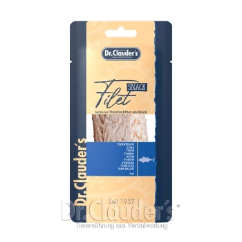 Verpackung des Filet-Snacks von Dr. Clauder mit einem Stück Thunfischfilet, mit Text in mehreren Sprachen, einschließlich "Thunfisch" und "Tuna."