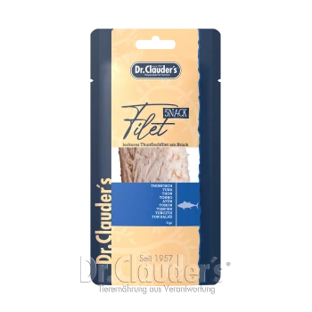Verpackung des Filet-Snacks von Dr. Clauder mit einem Stück Thunfischfilet, mit Text in mehreren Sprachen, einschließlich "Thunfisch" und "Tuna."