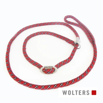 Moxonleine Everest rot/ schwarz 1,8 m, 9 mm Rote und schwarze gemusterte Hundeleine mit einem silbernen WOLTERS-Logo, vor einem weißen Hintergrund präsentiert.