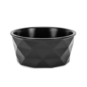 Schwarze, geometrisch strukturierte Haustierschale mit glattem Innenraum, gezeigt auf weißem Hintergrund.