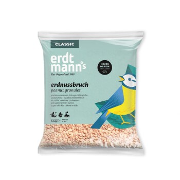 Tüte Erdtmann's Classic Erdnussgranulat für Vögel, 5 kg, mit blau-gelber Vogelillustration und deutschem Text.