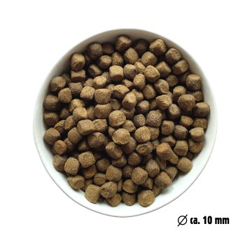 Schüssel gefüllt mit kleinen, braunen Haustierfutterpellets, etwa 10 mm im Durchmesser.