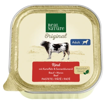 Dose Real Nature Original-Hundefutter, mit Rindfleisch, Kartoffeln und Sonnenblumenöl, für erwachsene Hunde gekennzeichnet, mit einer Kuhillustration.