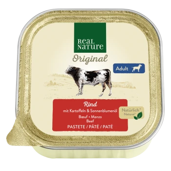 Dose Real Nature Original-Hundefutter, mit Rindfleisch, Kartoffeln und Sonnenblumenöl, für erwachsene Hunde gekennzeichnet, mit einer Kuhillustration.