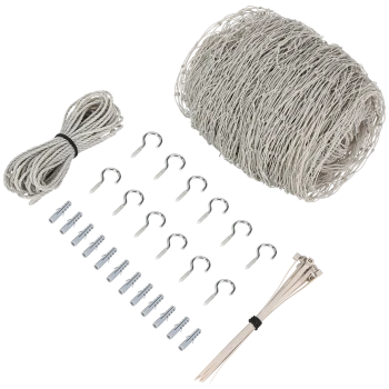 Ein Bündel hellfarbener Schnur, mehrere Metallhaken und verschiedene Clips ordentlich auf einem schwarzen Hintergrund angeordnet, ideal für Haustierzubehör.