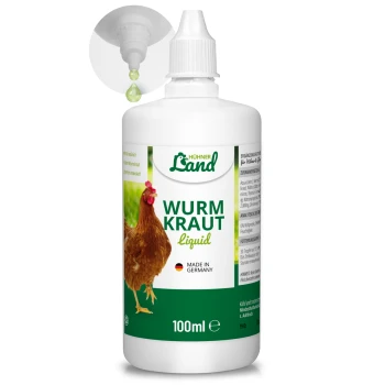 Flüssige Wurmbehandlung für Hühner in einer 110ml Flasche, mit der Aufschrift "Wurm Kraut," hergestellt in Deutschland, mit einer Hühnergrafik.