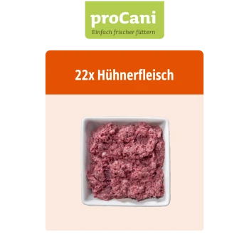 Verpacktes rohes Hundefutter von proCani, gekennzeichnet mit "Hühnerfleisch pur", mit einem Hinweis auf 22 Portionen.
