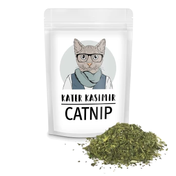 Ein klarer Behälter mit Katzenminze, mit einem Etikett, das eine illustrierte Katze mit einem Schal zeigt, beschriftet mit "KATER KASIMIR CATNIP."