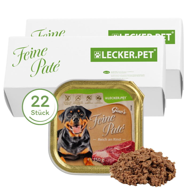 Lyra Pet Lecker.Pet Gino's Feine Paté Reich an Rind Hundefutter Nassfutter Vollnahrung 22x150 g