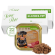 Verpackung für Hundefutter mit "Gino's Feine Paté" und einem lächelnden Rottweiler, 150g Portion und dem Etikett "22 Stück", neben Hundefutterpaté.
