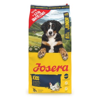 Beutel Josera Kids Hundefutter mit Welpenbild, gekennzeichnet mit „Junior“, „mit Huhn & Reis“ und „12,5 kg + 2,5 kg gratis“.