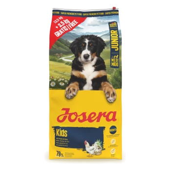 Beutel Josera Kids Hundefutter mit Welpenbild, gekennzeichnet mit „Junior“, „mit Huhn & Reis“ und „12,5 kg + 2,5 kg gratis“.