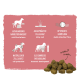 Symbole und Text, die die Vorteile von Hundefutter hervorheben: ausgewogene Ernährung, glänzendes Fell, stabile Darmflora, Zellschutz, harmonische Entwicklung.