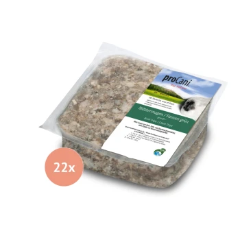ProCani Hundefutterpaket mit grünem Pansen, mit einer malerischen Kulisse und dem Text "Blättermagen / Pansen grün." 22x Portionen angegeben.