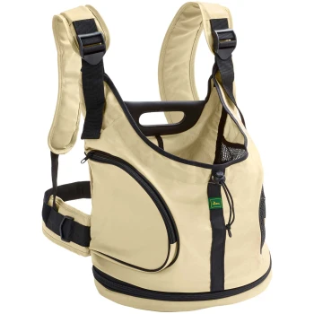 Beige Haustiertrage-Rucksack mit verstellbaren Riemen, Netzbelüftung und Reißverschlusstaschen zur Aufbewahrung.