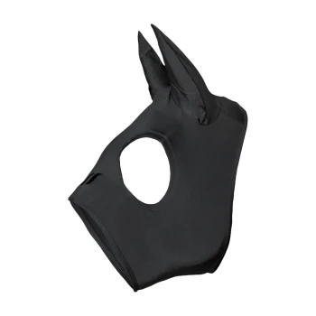 Beruhigungsmaske Spirit M Schwarzes Haustierkostüm mit spitzen Ohren und einem Ausschnitt für das Gesicht, entworfen, um einem cartoonhaften Tiercharakter zu ähneln.