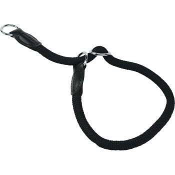 Schwarzes geflochtenes Seil-Halsband mit Slip-Funktion, silbernen O-Ringen und schwarzen Lederverstärkungen.