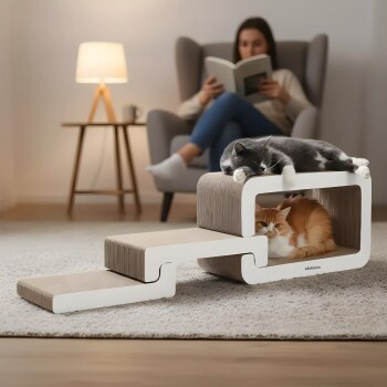 Zwei Katzen ruhen auf einem modernen weißen und beigen Kratzbaum und Versteck, im Hintergrund liest eine Person.