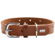 Braunes Leder-Haustierhalsband mit herzförmigen Ausschnitten, silberner Schnalle und HUNTER-Logo-Anhänger.