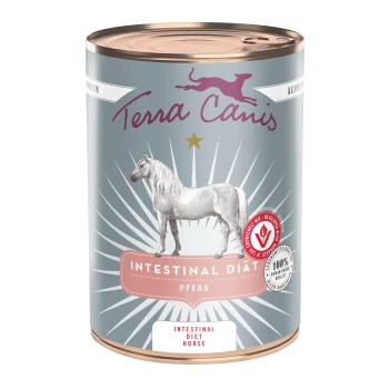 Terra Canis Tierfutterdose mit Aufschrift 'Intestinal Diät Pferd', Pferdeillustration und Stern.