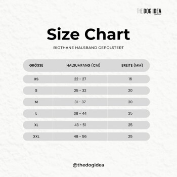 Größentabelle für Hundehalsbänder, die die Größen XS bis XXL mit entsprechenden Halsumfangs- und Breitenmessungen zeigt.