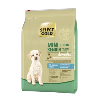 Select Gold Mini Senior Hundefutterbeutel, 5-10 kg, für Hunde über 8 Jahre. Enthält die 'Sensitive'-Formel mit Insektenprotein.