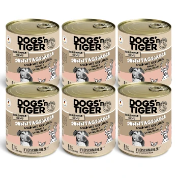 Sechs Dosen DOGS'n TIGER Haustierfutter, beschriftet mit "SONNTAGSÄGER WILD MIT GEFLÜGEL, MINZE & ESSKASTANIE," mit Illustrationen von Hund und Reh.