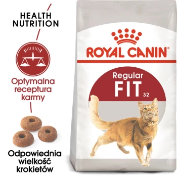 Torba z karmą dla kotów Royal Canin Regular Fit z rudo-kotem, z tekstem podkreślającym zdrowe odżywianie i optymalny przepis.