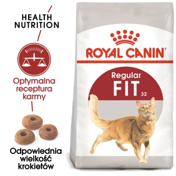 Torba z karmą dla kotów Royal Canin Regular Fit z rudo-kotem, z tekstem podkreślającym zdrowe odżywianie i optymalny przepis.