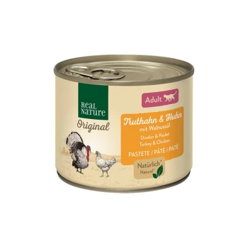 Dosen-Haustierfutter mit der Aufschrift "Real Nature Original", das Truthahn und Huhn mit Walnussöl enthält, geeignet für erwachsene Katzen.